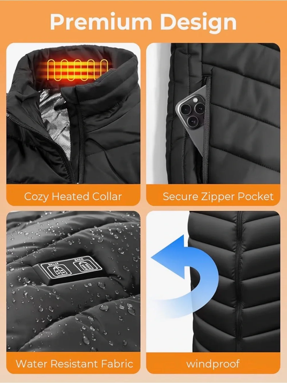 Heated Black Vest with Neck and Back Panels - BZGG